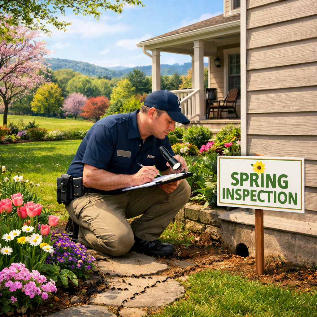Inspector with clipboard outside house doing a pest inspection